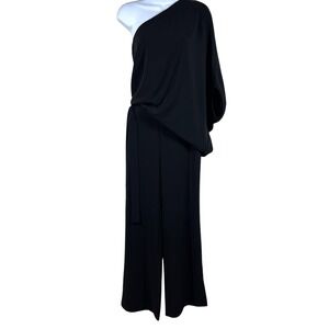 Halston Heritage Asymmetric Wide Leg Jumpsuit Sz 0 Black Tie Waist Draped Retro